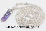 GMN1520 Hand-knotted 8mm, 10mm white crazy agate 108 beads mala necklace with pendant