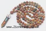 GMN1532 Hand-knotted 8mm, 10mm picasso jasper 108 beads mala necklace with pendant