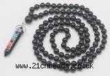 GMN1561 Knotted 8mm, 10mm black obsidian 108 beads mala necklace with pendant