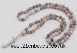 GMN1609 Hand-knotted 6mm pink zebra jasper 108 beads mala necklace with pendant