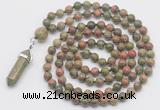 GMN1664 Hand-knotted 6mm unakite 108 beads mala necklaces with pendant
