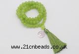 GMN1740 Hand-knotted 8mm candy jade 108 beads mala necklace with tassel & charm