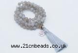 GMN1752 Knotted 8mm, 10mm grey banded agate 108 beads mala necklace with tassel & charm