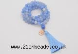 GMN1753 Knotted 8mm, 10mm blue banded agate 108 beads mala necklace with tassel & charm