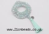 GMN1754 Knotted 8mm, 10mm sea blue banded agate 108 beads mala necklace with tassel & charm