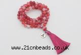 GMN1756 Knotted 8mm, 10mm red banded agate 108 beads mala necklace with tassel & charm