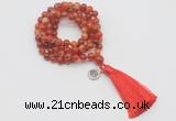GMN1757 Knotted 8mm, 10mm red banded agate 108 beads mala necklace with tassel & charm
