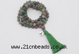 GMN1762 Knotted 8mm, 10mm Indian agate 108 beads mala necklace with tassel & charm