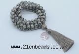 GMN1777 Knotted 8mm, 10mm dalmatian jasper 108 beads mala necklace with tassel & charm