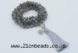 GMN1796 Knotted 8mm, 10mm labradorite 108 beads mala necklace with tassel & charm