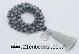 GMN1797 Knotted 8mm, 10mm eagle eye jasper 108 beads mala necklace tassel & charm