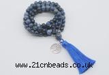 GMN1798 Knotted 8mm, 10mm dumortierite 108 beads mala necklace with tassel & charm