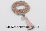 GMN1805 Knotted 8mm, 10mm moonstone 108 beads mala necklace with tassel & charm