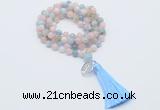 GMN1806 Knotted 8mm, 10mm morganite 108 beads mala necklace with tassel & charm