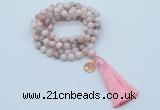 GMN1807 Knotted 8mm, 10mm natural pink opal 108 beads mala necklace with tassel & charm