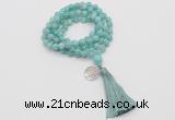 GMN1808 Knotted 8mm, 10mm amazonite 108 beads mala necklace with tassel & charm