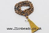 GMN1827 Knotted 8mm, 10mm yellow tiger eye 108 beads mala necklace with tassel & charm