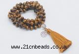 GMN1828 Knotted 8mm, 10mm yellow tiger eye 108 beads mala necklace with tassel & charm