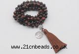 GMN1829 Knotted 8mm, 10mm red tiger eye 108 beads mala necklace with tassel & charm