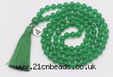 GMN1846 Hand-knotted 8mm candy jade 108 beads mala necklace with tassel & charm