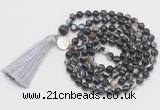 GMN1862 Knotted 8mm, 10mm black banded agate 108 beads mala necklace with tassel & charm