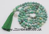 GMN1864 Knotted 8mm, 10mm grass agate 108 beads mala necklace with tassel & charm