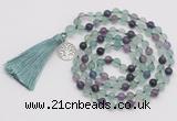 GMN1884 Knotted 8mm, 10mm fluorite 108 beads mala necklace with tassel & charm