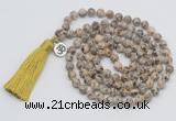 GMN1893 Knotted 8mm, 10mm feldspar 108 beads mala necklace with tassel & charm