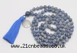 GMN1894 Knotted 8mm, 10mm blue spot stone 108 beads mala necklace with tassel & charm