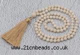 GMN200 Hand-knotted 6mm white fossil jasper 108 beads mala necklaces with tassel