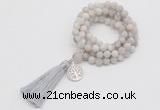 GMN2001 Knotted 8mm, 10mm matte white crazy agate 108 beads mala necklace with tassel & charm