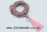 GMN2006 Knotted 8mm, 10mm matte pink fossil jasper 108 beads mala necklace with tassel & charm