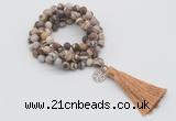 GMN2009 Knotted 8mm, 10mm matte zebra jasper 108 beads mala necklace with tassel & charm