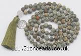 GMN2031 Knotted 8mm, 10mm matte rhyolite 108 beads mala necklace with tassel & charm