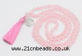 GMN2035 Knotted 8mm, 10mm matte rose quartz 108 beads mala necklace with tassel & charm