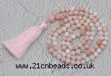 GMN218 Hand-knotted 6mm pink opal 108 beads mala necklaces with tassel