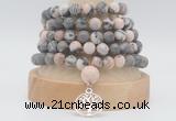 GMN2232 Hand-knotted 8mm, 10mm matte pink zebra jasper 108 beads mala necklaces with charm