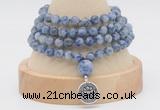 GMN2466 Hand-knotted 6mm blue spot stone 108 beads mala necklaces with charm