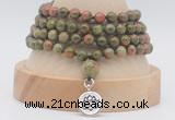 GMN2473 Hand-knotted 6mm unakite 108 beads mala necklaces with charm