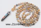 GMN2602 Hand-knotted 8mm, 10mm matte yellow crazy agate 108 beads mala necklace with pendant