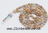 GMN2604 Hand-knotted 8mm, 10mm matte fossil coral 108 beads mala necklace with pendant