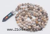 GMN2609 Hand-knotted 8mm, 10mm matte zebra jasper 108 beads mala necklace with pendant