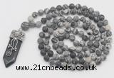 GMN2610 Hand-knotted 8mm, 10mm matte black water jasper 108 beads mala necklace with pendant