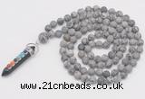GMN2611 Hand-knotted 8mm, 10mm matte grey picture jasper 108 beads mala necklace with pendant