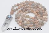 GMN2623 Hand-knotted 8mm, 10mm matte sunstone 108 beads mala necklace with pendant