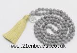 GMN313 Hand-knotted 6mm grey picture jasper 108 beads mala necklaces with tassel & charm