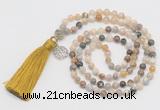 GMN322 Hand-knotted 6mm bamboo jeaf agate 108 beads mala necklaces with tassel & charm