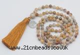 GMN323 Hand-knotted 6mm yellow crazy agate 108 beads mala necklaces with tassel & charm
