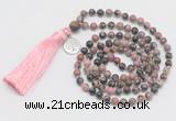 GMN325 Hand-knotted 6mm rhodonite 108 beads mala necklaces with tassel & charm