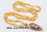 GMN4005 Hand-knotted 8mm, 10mm yellow banded agate 108 beads mala necklace with pendant